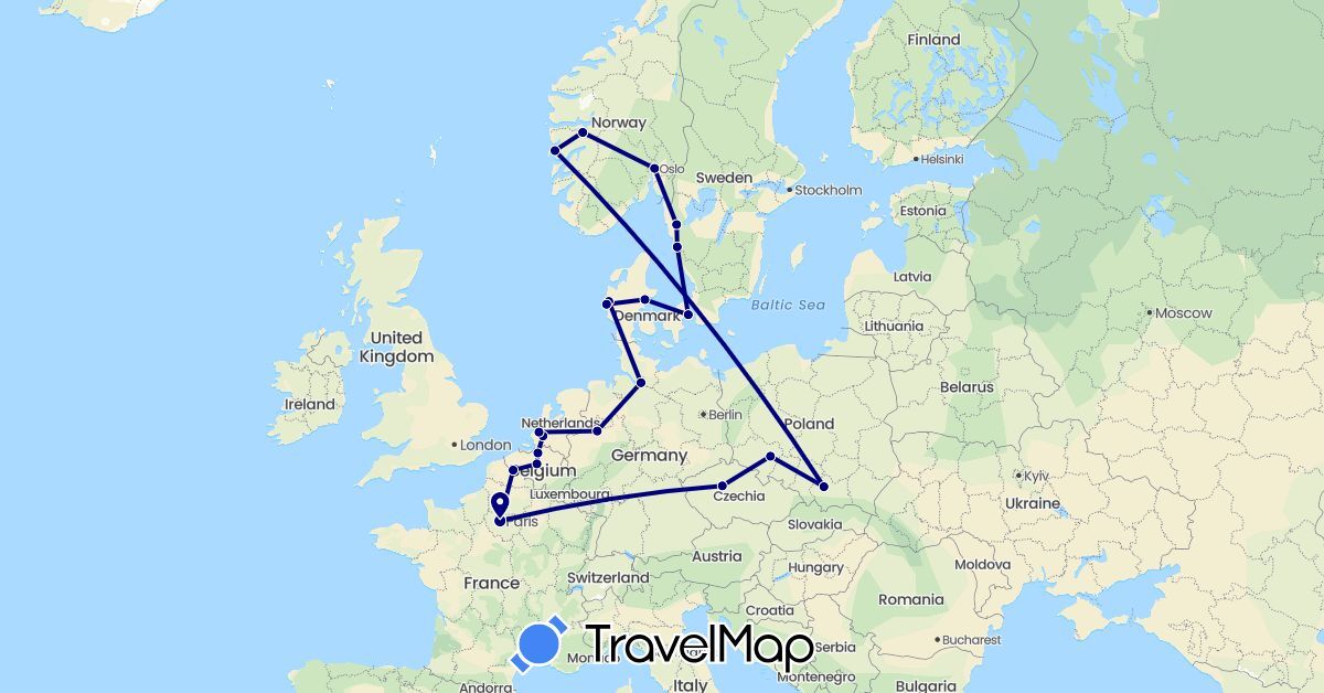 TravelMap itinerary: driving in Belgium, Czech Republic, Germany, Denmark, France, Netherlands, Norway, Poland, Sweden (Europe)